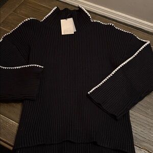 Elan Black Ribbed Sweater with White Trim
